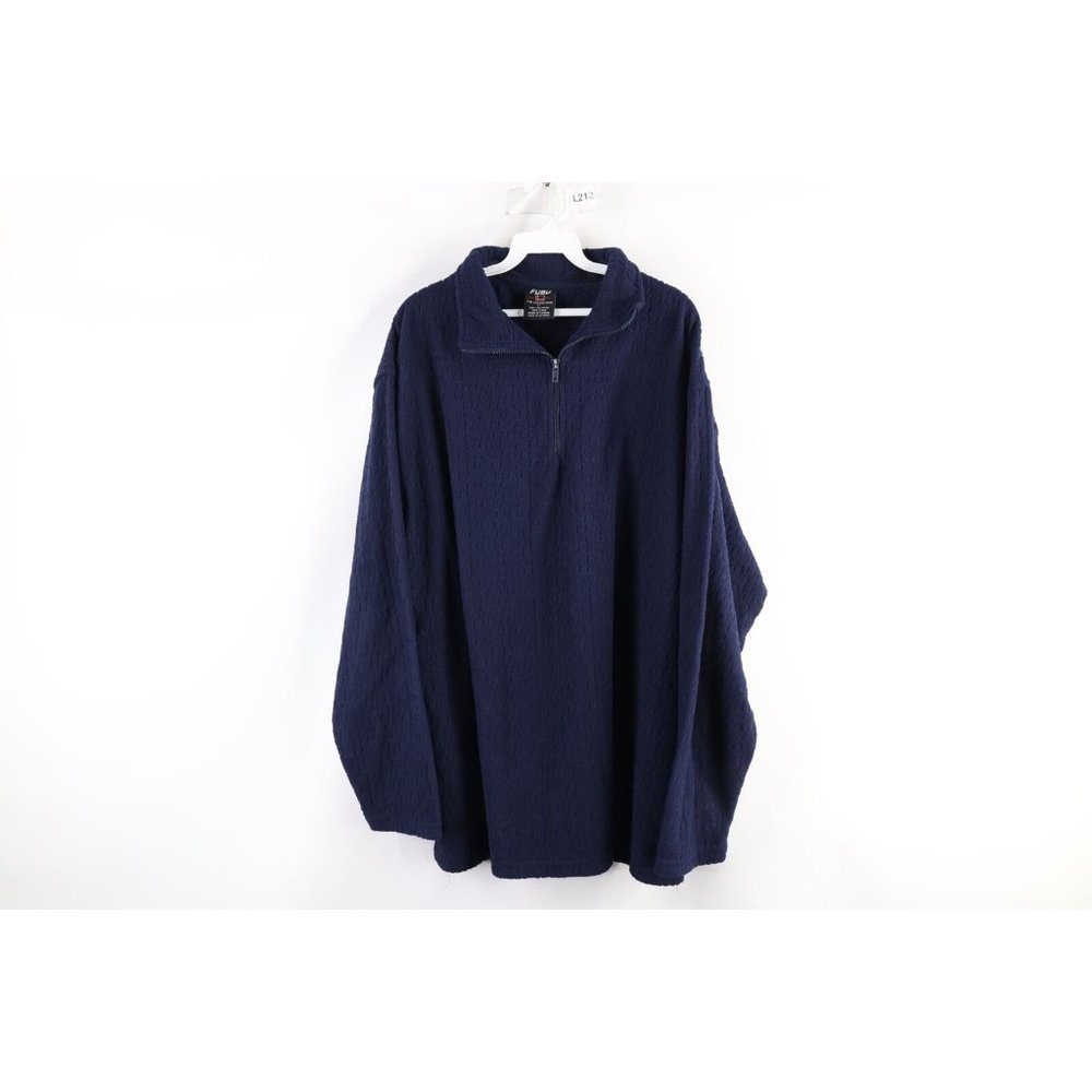Vtg 90s FUBU Mens Large Spell Out All Over Print Half Zip Fleece Sweater Blue